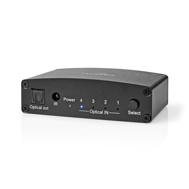Nedis Digital Audio Switch | 4-vejs | Indgang til lyd- / video- / dataforbindelser: DC Power / 4x TosLink | Audio / video / dataforbindelser output: TosLink Female | Fjernbetjening / Manual / Trykknap | Metal | Sort