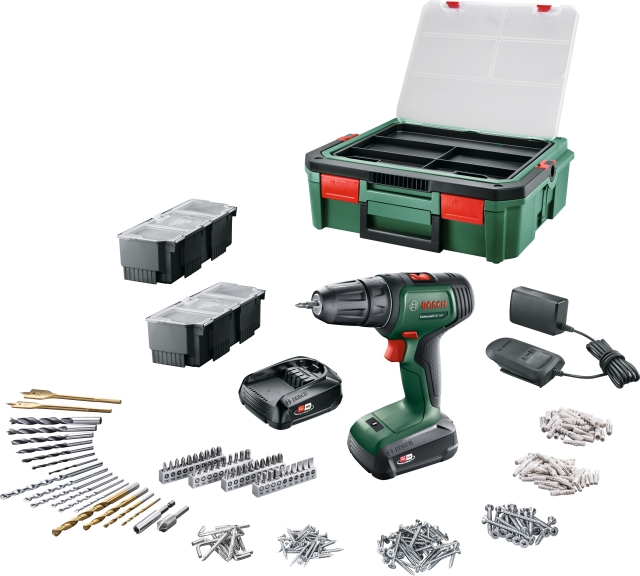 Bosch UniversalDrill 18V + SystemBox 241 akku-boremaskine + tilbehørssæt