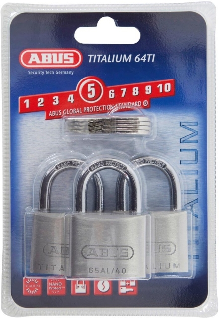 ABUS hængelås 64TI/40, Titalium, 23 mm, triple pack