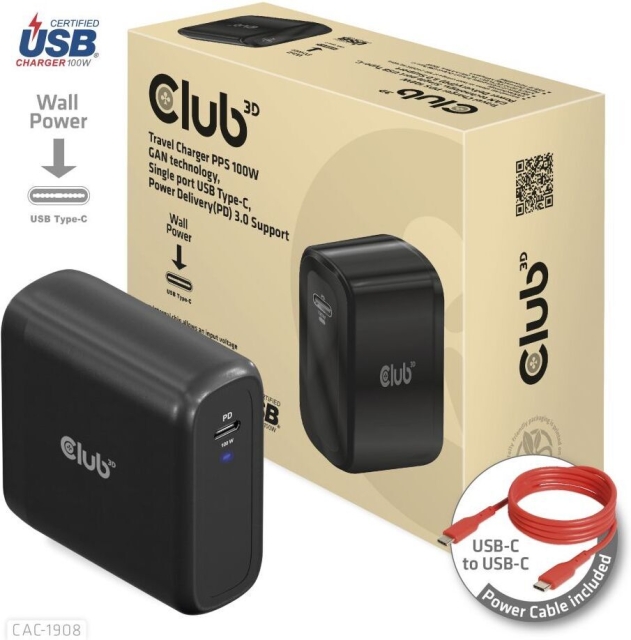 Club 3D CAC-1908EU Rejseoplader 100 W GaN USB-C-strømforsyning