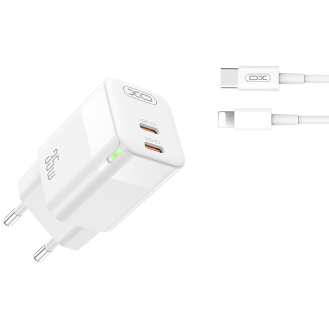 XO väggladdare CE07 PD 35W 2x USB-C vit + USB-C - Lightning-kabel