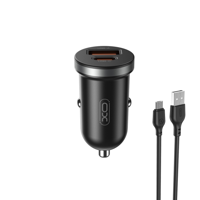 Xo biloplader CC56 PD 30W QC 1x USB 1x USB-C sort + USB - microUSB-kabel