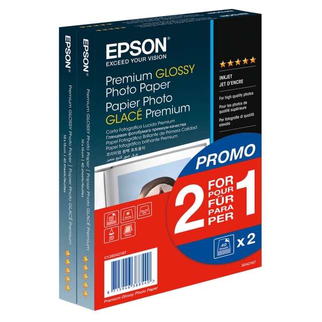 Epson 10x15 Premium Glossy Photo Paper  (2 for 1), 10x15com 255g/m², 80 Sheets total
