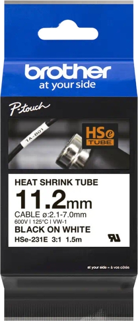 Brother HSe-231E, sort tekst på hvid baggrund, bredde 11,2 mm