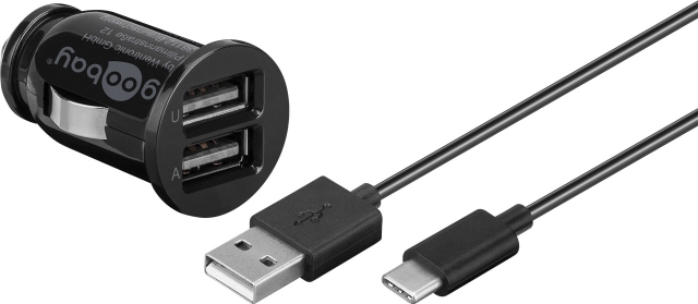 Goobay Dual USB laddare för bil USB-C™, USB-A (12 W) Laddningsadapter för bil med 2x USB-A och USB-C™-kabel 1,0 m (svart)