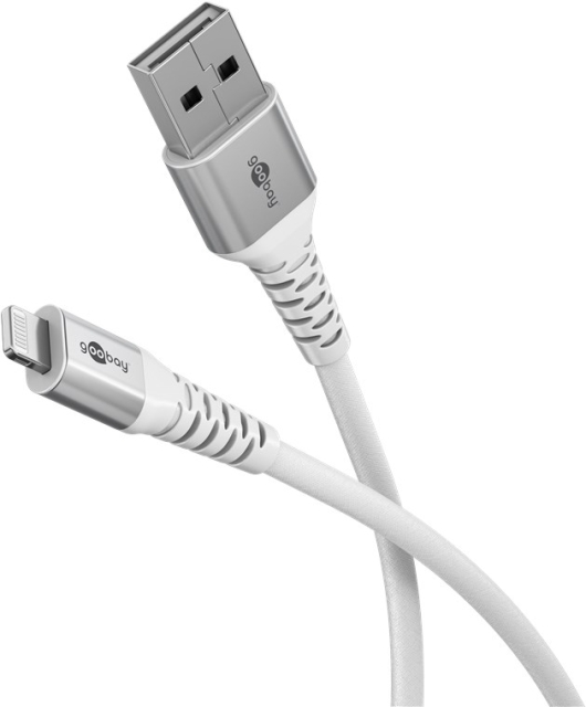 Goobay Lightning-USB-A supersoft textilkabel med metallkontakter, 1 m, vit MFi-certifierad, elegant och extra robust laddnings- och synkroniseringskabel för Apple iPhone/iPad (vit)