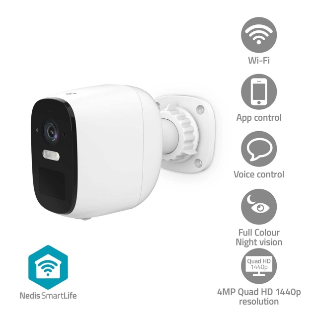 Nedis SmartLife udendørskamera | Spotlight | 4MP Quad HD 1440p / 2560x1440 | IP66 | Maks. batteritid: 10 Måned | Cloud Storage (mulighed) / microSD (ikke inkluderet) | 5 V DC | Med bevægelsessensor | Nattesyn | Hvid