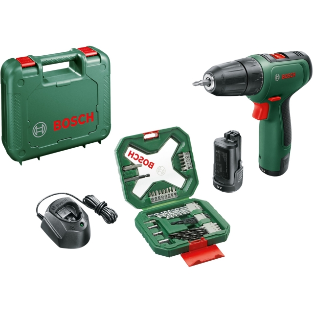 Bosch akku-boremaskine EasyDrill 1200 + 34-delt bit- og boresæt (2x Li-ion-batteri 1,5Ah, kuffert)