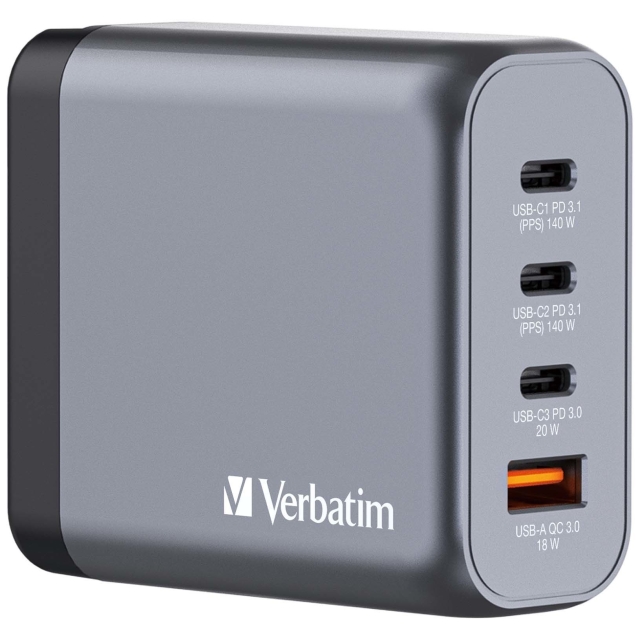 Verbatim GNC-140 GaN-oplader med 4 porte og 140 W USB-A/USB-C