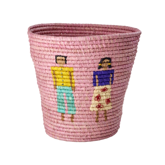 RICE Rund Raffia-kurv med mennesker og 3D-detaljer - Pink