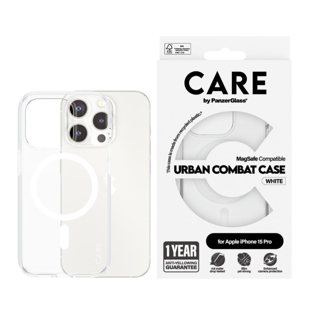 CARE by PanzerGlass - Etui Transparent m. hvid MagSafe - iPhone 15 Pro