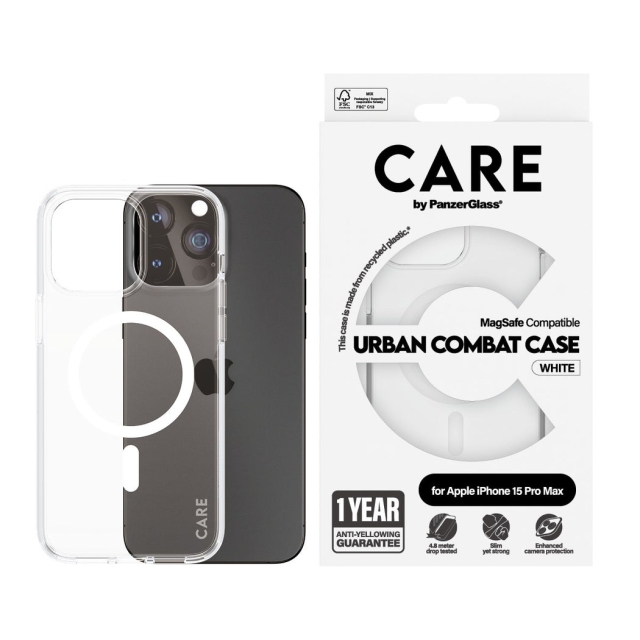 CARE by PanzerGlass - Transparent etui med hvid MagSafe - iPhone 15 Pro Max