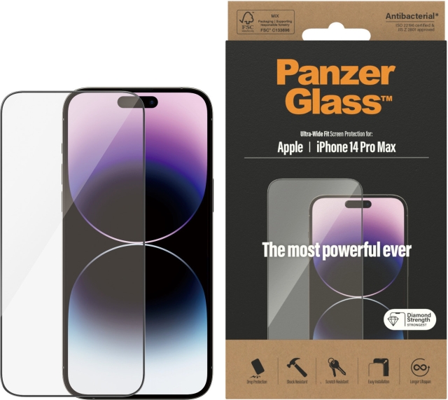 PanzerGlass panserglas, iPhone 14 Pro Max, sort ramme