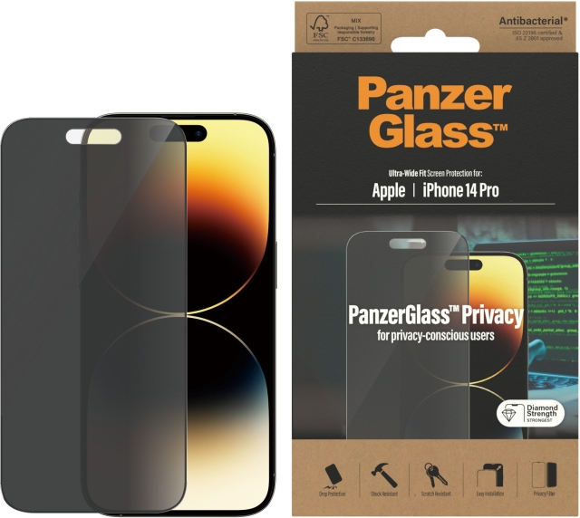 PanzerGlass Ultra Wide Fit Privacy-skærmbeskytter, iPhone 14 Pro, sort ramme