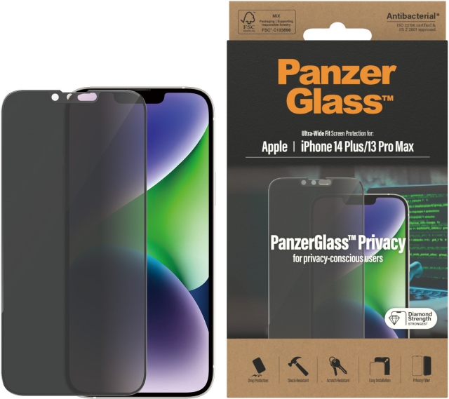 PanzerGlass Privacy-skærmbeskytter, iPhone 14 Plus / 13 Pro Max, sort ramme