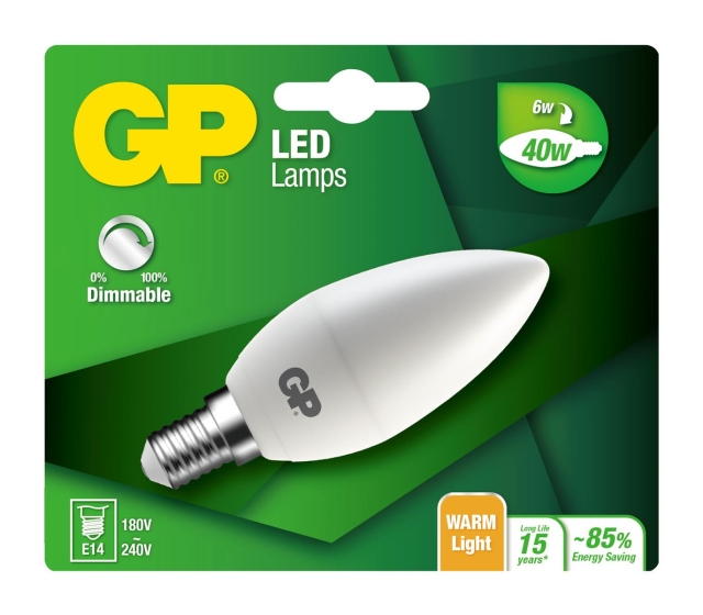 GP LED-lampe Mini Candle, E14, DIM, 6W (40W), 470lm