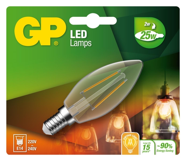 GP LED-lampe Filament Mini Candle, E14, 2W (25W), 250lm