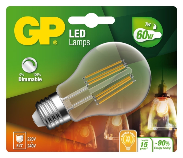 GP LED-lampe Classic Filament, E27, DIM, 7W (60W), 806lm
