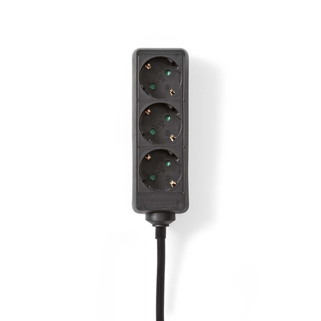 Nedis Udvidelse Socket | Stikprop med sidebens jord / Type F (CEE 7/7) | 3-vejs | 5.00 m | 3680 W | 16 A | Slags jordforbindelse: Sidekontakter | 230 V AC 50/60 Hz | Kontakt Vinkel: 45 ° | H05VV-F 3G1.5mm² | Sort