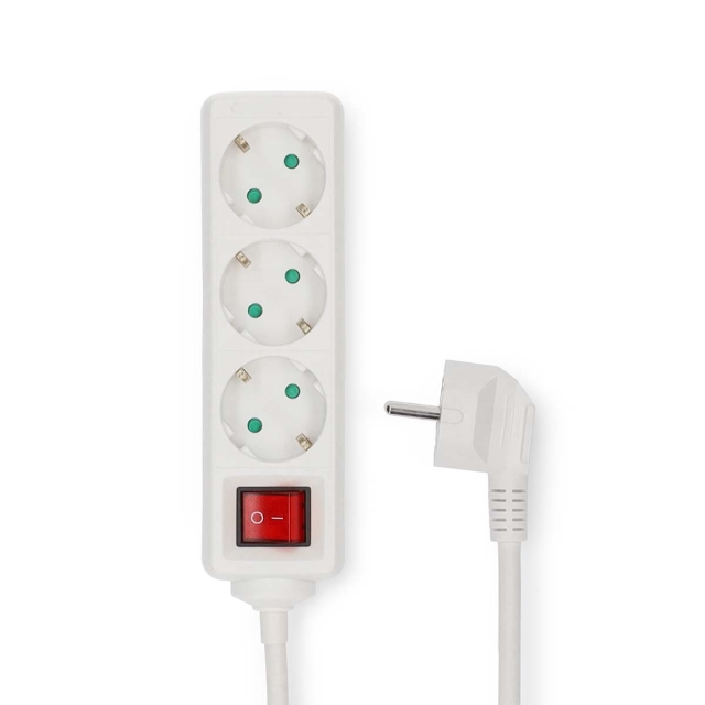 Nedis Udvidelse Socket | Stikprop med sidebens jord / Type F (CEE 7/7) | 3-vejs | 5.00 m | 3680 W | 16 A | Slags jordforbindelse: Sidekontakter | 230 V AC 50/60 Hz | Kontakt Vinkel: 45 ° | H05VV-F 3G1.5mm² | Indbygget on/off-knap (tænd/sluk) | Hvid