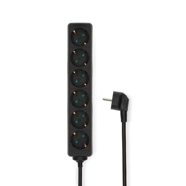 Nedis Udvidelse Socket | Stikprop med sidebens jord / Type F (CEE 7/7) | 6-vejs | 1.50 m | 3680 W | 16 A | Slags jordforbindelse: Sidekontakter | 230 V AC 50/60 Hz | Kontakt Vinkel: 45 ° | H05VV-F 3G1.5mm² | Sort