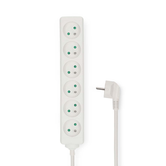 Nedis Udvidelse Socket | Stikprop med sidebens jord / Type F (CEE 7/7) | 6-vejs | 3.00 m | 3680 W | 16 A | Slags jordforbindelse: Sidekontakter | 230 V AC 50/60 Hz | Kontakt Vinkel: 45 ° | H05VV-F 3G1.5mm² | Hvid