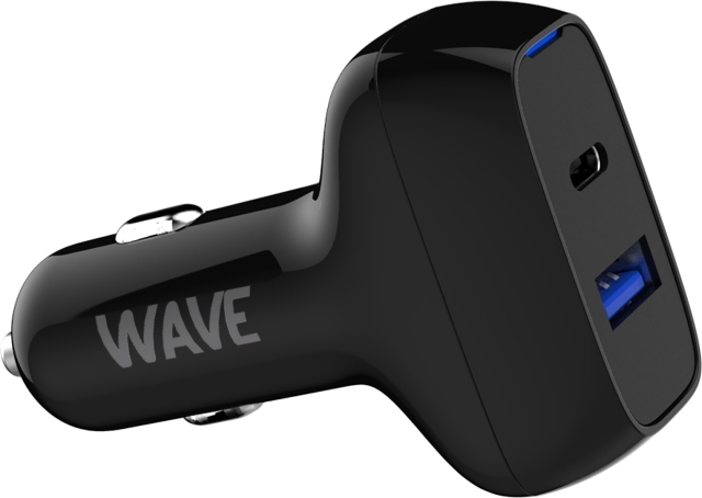 Wave Biloplader, 1 x USB Type-C + 1 x USB-A 18W+18W, sort