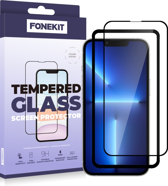 FoneKit Fuldt dækkende panserglas, iPhone 14 Plus / 13 Pro Max, sort