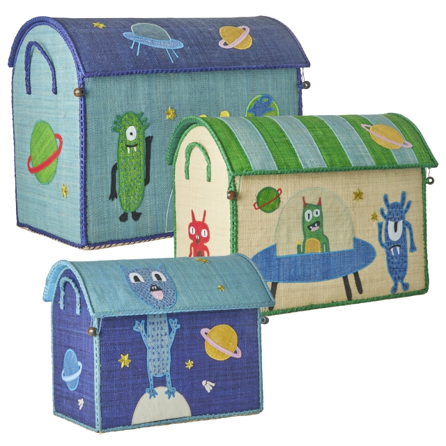 RICE Raffia-legetøjskurve med monstre som tema - levende - sæt med 3