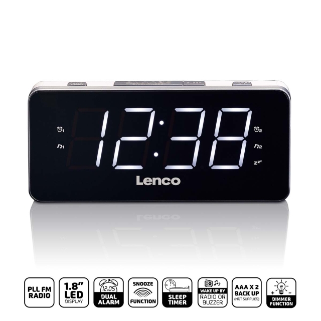 Lenco PLL FM Alarm Clock Radio stor og tydelig 1,8" LED-skærm Hvid
