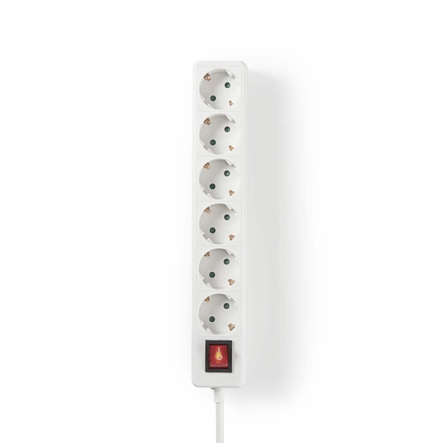 Nedis Udvidelse Socket | Stikprop med sidebens jord / Type F (CEE 7/7) | 6-vejs | 1.50 m | 3680 W | 16 A | Slags jordforbindelse: Sidekontakter | 230 V AC 50/60 Hz | Kontakt Vinkel: 45 ° | H05VV-F 3G1.5mm² | Indbygget on/off-knap (tænd/sluk) | Hvid