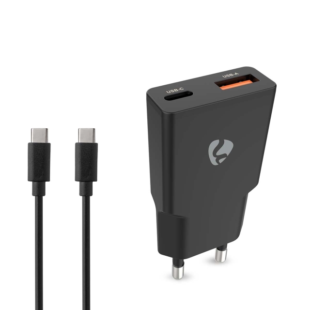 Nedis Vægoplader | 20 W | GaN | PD3.0 | Hurtigopladningsfunktion | 1.5 / 2.0 / 2.22 A / 3.0 A | Antal output: 2 | USB-A / USB-C™ | USB Type C™ (Løs) kabel | 1.50 m | Automatisk Valgt Spænding | Sort
