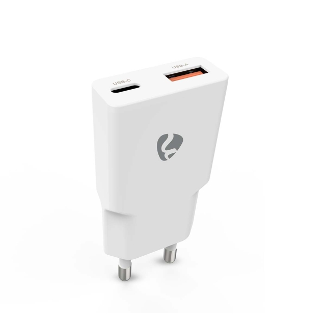 Nedis Vægoplader | 20 W | GaN | PD3.0 | Hurtigopladningsfunktion | 1.5 / 2.0 / 2.22 A / 3.0 A | Antal output: 2 | USB-A / USB-C™ | Automatisk Valgt Spænding | Hvid