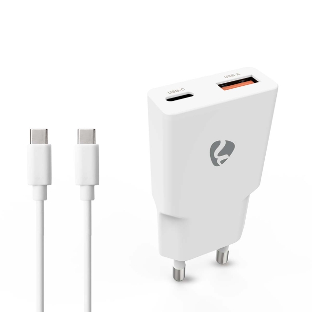Nedis Vægoplader | 20 W | GaN | PD3.0 | Hurtigopladningsfunktion | 1.5 / 2.0 / 2.22 A / 3.0 A | Antal output: 2 | USB-A / USB-C™ | USB-C™ (Løs) kabel | 1.50 m | Automatisk Valgt Spænding | Hvid