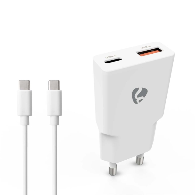 Nedis Vægoplader | 30 W | GaN | PD3.0 30W | Hurtigopladningsfunktion | 1.5 / 2.0 / 2.5 / 3.0 A | Antal output: 2 | USB-A / USB-C™ | USB-C™ (Løs) kabel | 1.50 m | Automatisk Valgt Spænding | Hvid