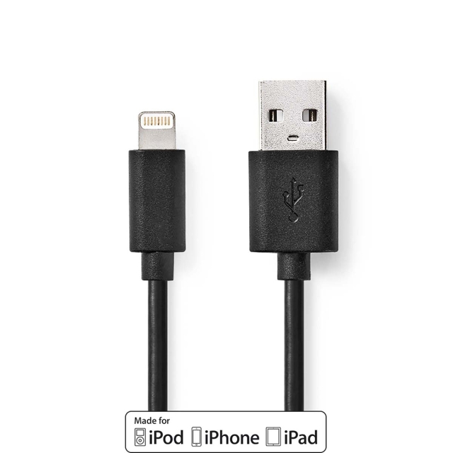Nedis Lightning Kabel | USB 2.0 | Apple Lightning 8-pin | USB-A Han | 480 Mbps | Nikkelplateret | 1.00 m | Runde | PVC | Sort | Box