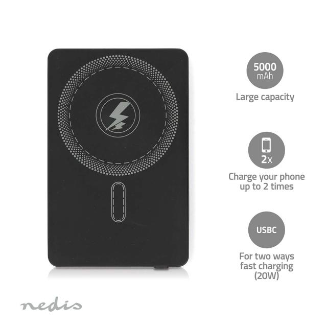 Nedis Powerbank | 5000 mAh | Trådløs opladning | 1.67 / 2.22 / 3.0 A | Antal output: 1 | Output tilslutning: 1x USB-C™ | Input forbindels: 1x USB-C™ | PD3.0 20W | Lithium-polymer