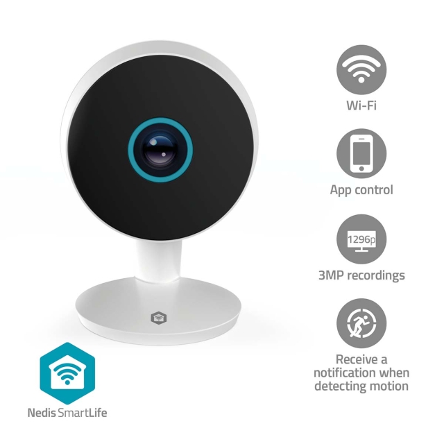Nedis SmartLife Indendørs Kamera | 3MP Full HD 1296p | Cloud Storage (mulighed) / microSD (ikke inkluderet) / Onvif | Med bevægelsessensor | Nattesyn | Hvid