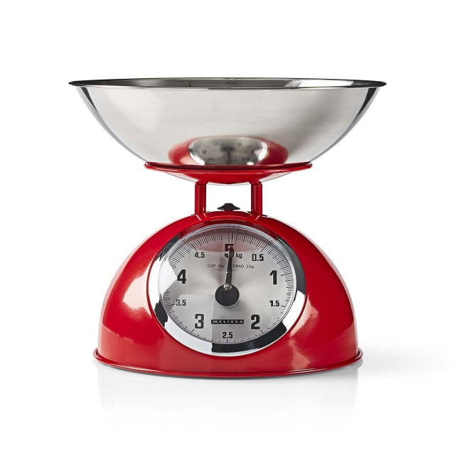 MELISSA Retro køkkenvægt | analog | metalhus | aftagelig skål | maks. 5 kg | 25 grams intervaller | Rød