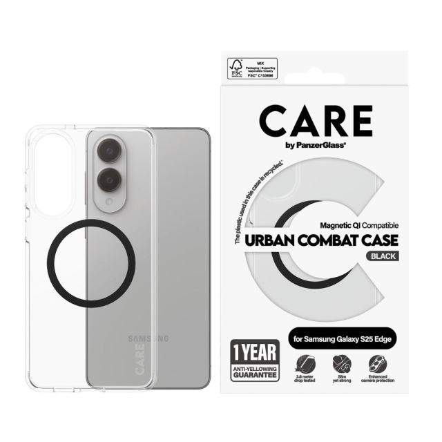 Panzer CARE by PanzerGlass - Flagskib Etui Transparent Urban Combat m. Sort Qi Kompatibel Samsung S25 Edge