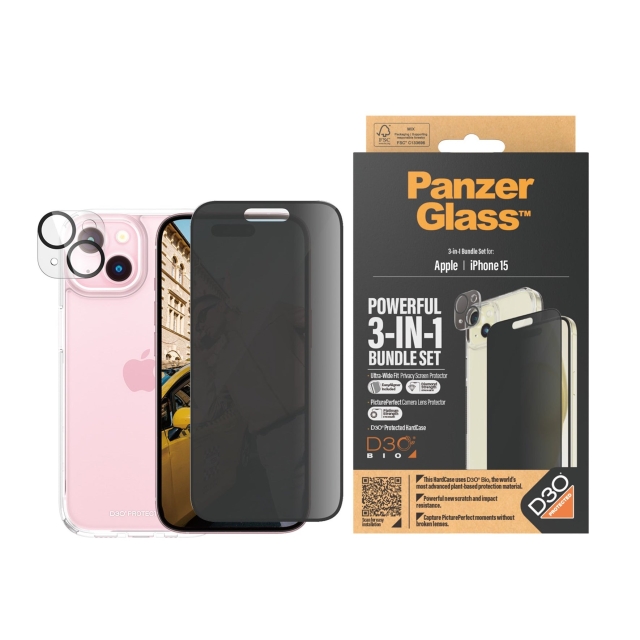 PanzerGlass Apple Iphone 15 Ultra-Wide Fit 3-i-1-pakke sæt