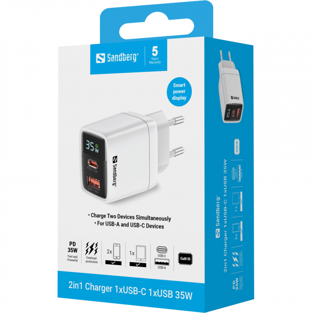 Sandberg 2in1-oplader 1xUSB-C 1xUSB 35W