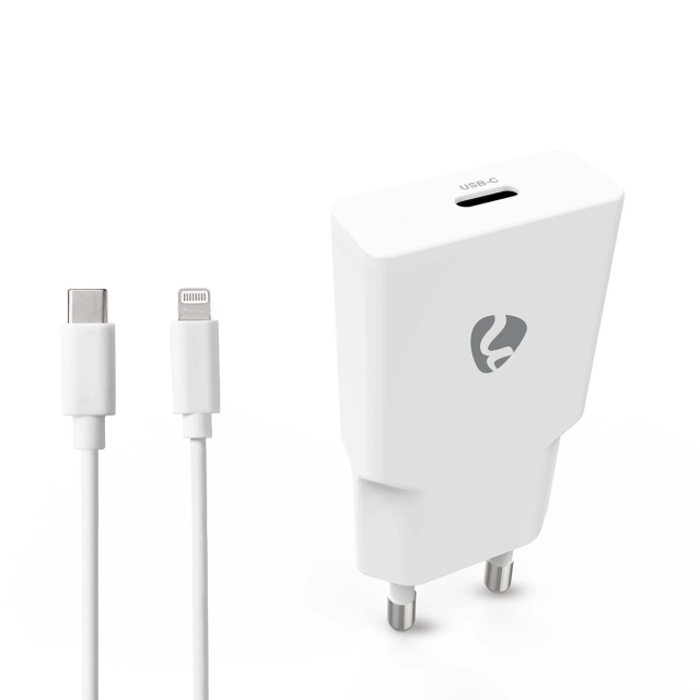 Nedis Vægoplader | 20 W | GaN | PD3.0 | Hurtigopladningsfunktion | 1.67 A / 2.22 A / 3.0 A | Antal output: 1 | USB-C™ | Lightning 8-Pin (Loose) kabel | 1.00 m | Automatisk Valgt Spænding | Hvid