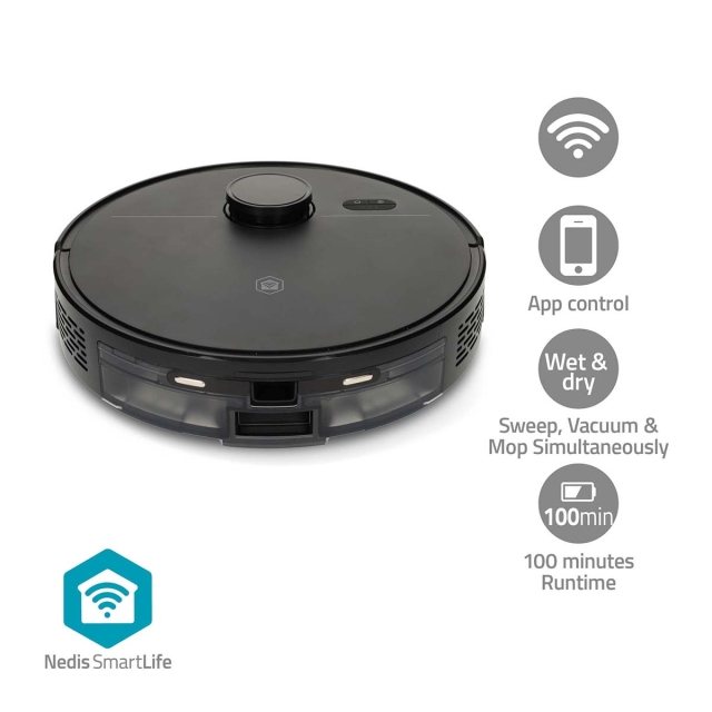 Nedis SmartLife Robot Støvsuger | Navigationsmetode: Lasernavigation | Wi-Fi | Kapacitet Collection Reservoir: 0.59 l | Automatisk opladning | Maksimal driftstid: 1.75 timer | Sort | Android™ / IOS