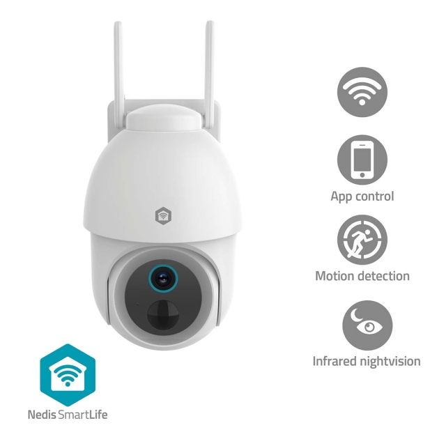 Nedis SmartLife udendørskamera | Spotlight | 3MP Full HD 1296p | Pan tilt | IP65 | Maks. batteritid: 3 Måned | Cloud Storage (mulighed) / microSD (ikke inkluderet) | 5 V DC | Med bevægelsessensor | Nattesyn | Hvid