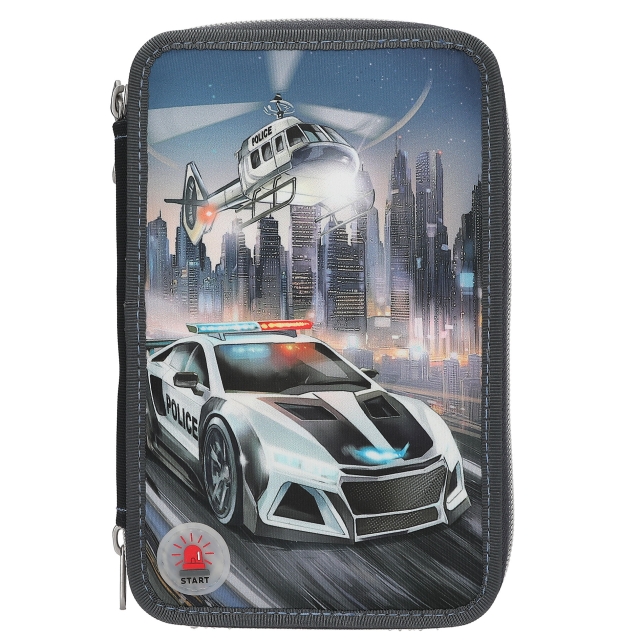Dino World Monster Cars tredobbelt penalhus med LED, politibil - (0413333)