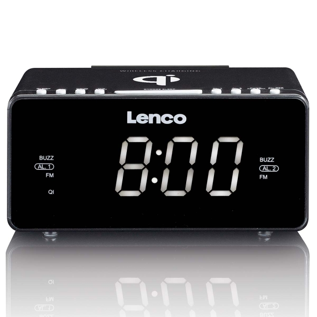 Lenco Stereo FM Clock Radio med USB og trådløs Qi-opladning af smartphone Sort