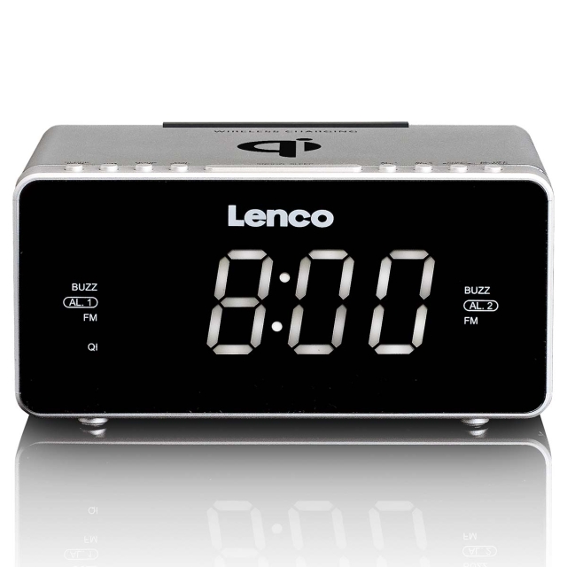 Lenco Stereo FM Clock Radio med USB og trådløs Qi-opladning af smartphone Sølv