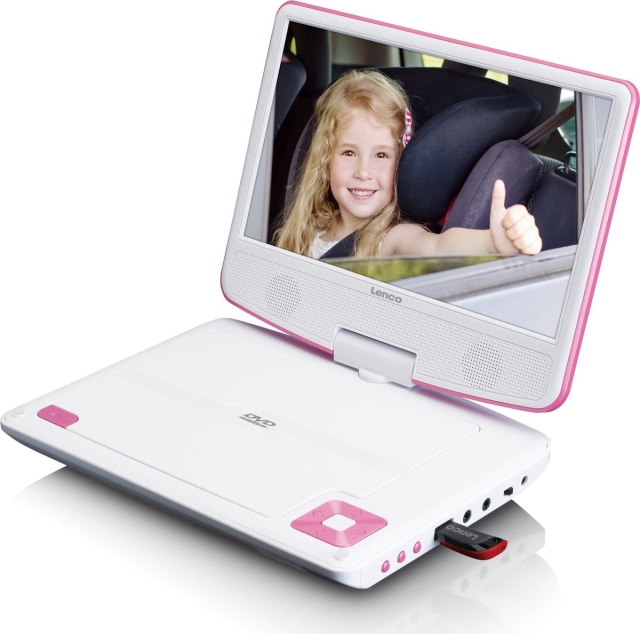 Lenco Bærbar 9" dvd-afspiller med USB-hovedtelefoner og monteringsbeslag Pink/Hvid