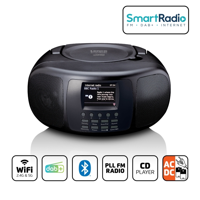 Lenco Bærbar internetradio med DAB+/FM, Bluetooth®, cd-afspiller og stort LCD-farvedisplay Sort
